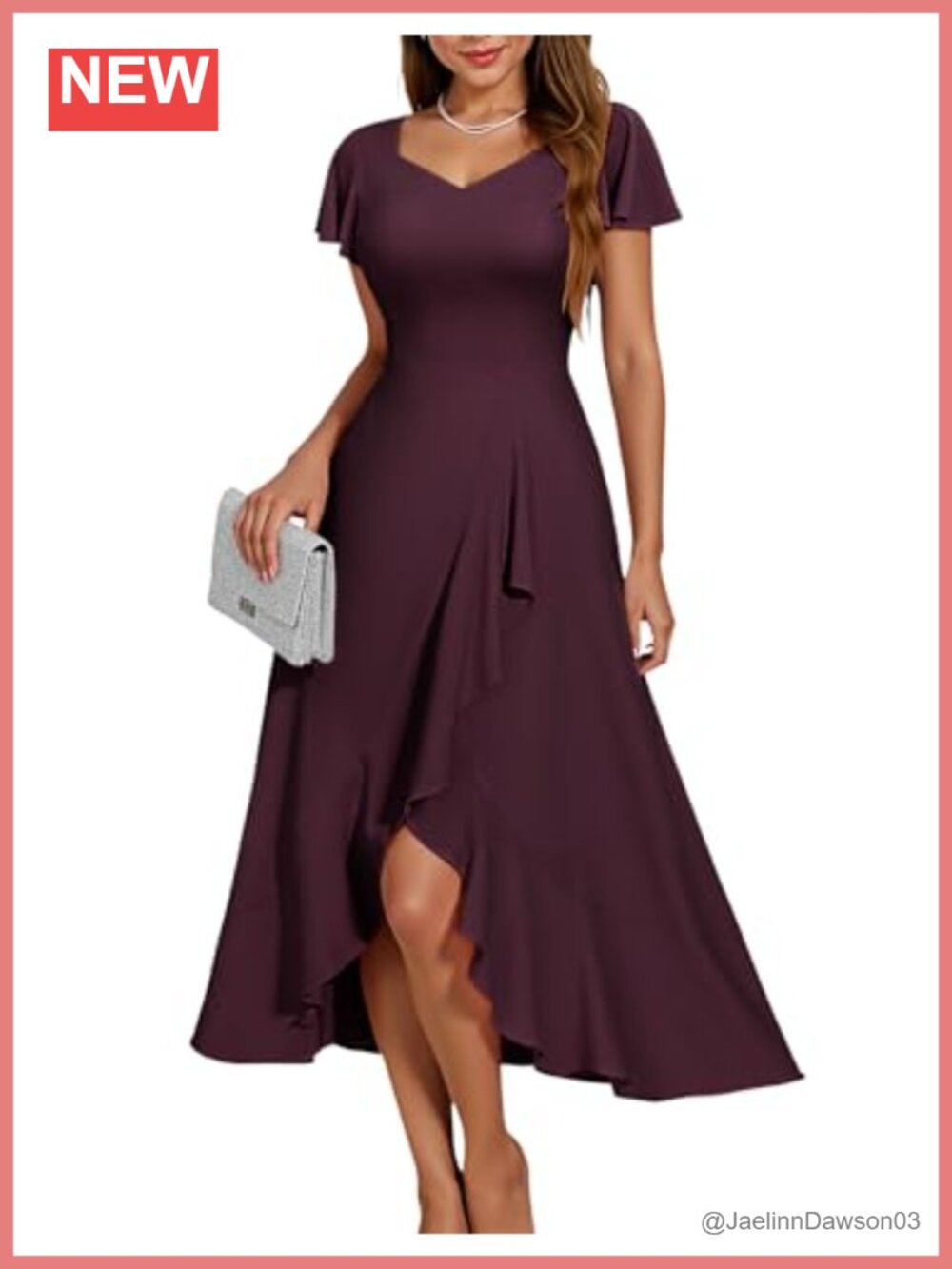 V-Neck Formal Wedding Guest Dress Ruffle Sleeve High Low Cocktail